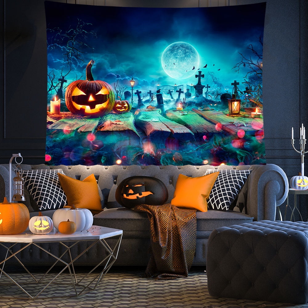 Halloween Tapestry Wall Hanging, Horror Spooky Ghost Skeleton Pumpkin Witch Castle Haunted House