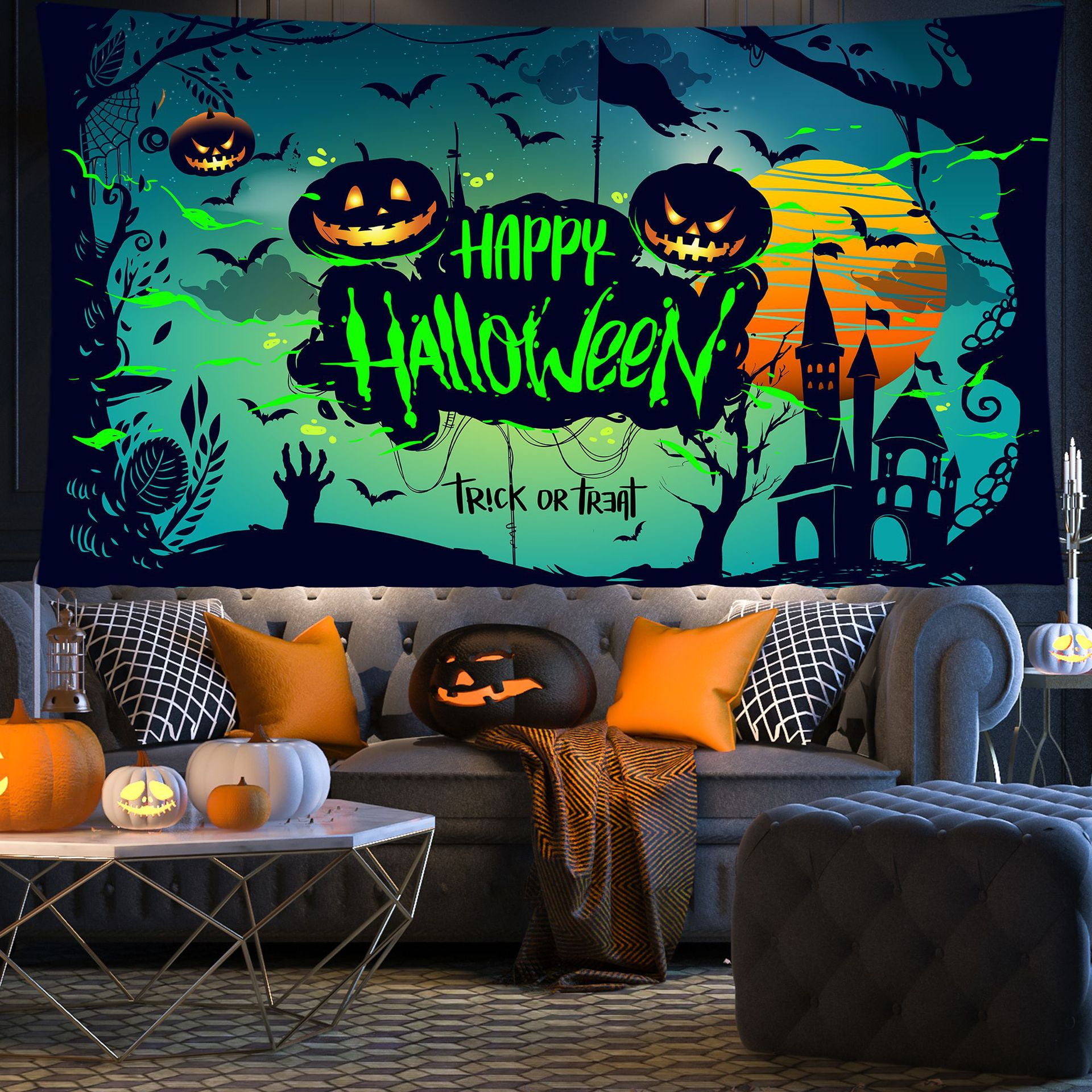 Halloween Tapestry Wall Hanging, Horror Spooky Ghost Skeleton Pumpkin Witch Castle Haunted House