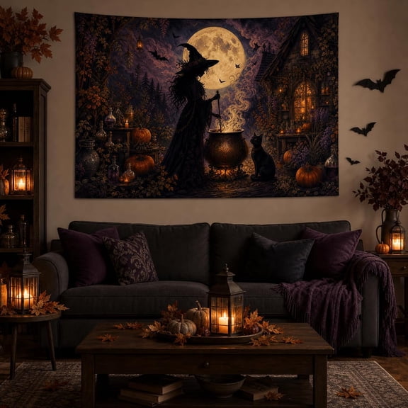Halloween Tapestry Wall Hanging, Witch Cauldron Black Cat Wall Tapestry for Bedroom Living Room Dorm, Gothic Full Moon Apothecary Indoor Halloween Party Backdrop Decor