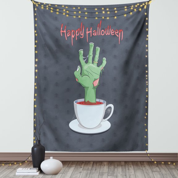 Halloween Tapestry, Zombie Hand in a Bloody Tea Cup with Happy Halloween Lettering Spiders, Wall Hanging for Bedroom Living Room Dorm Decor, 40W X 60L Inches, Grey Pale Rust Green, by Ambesonne