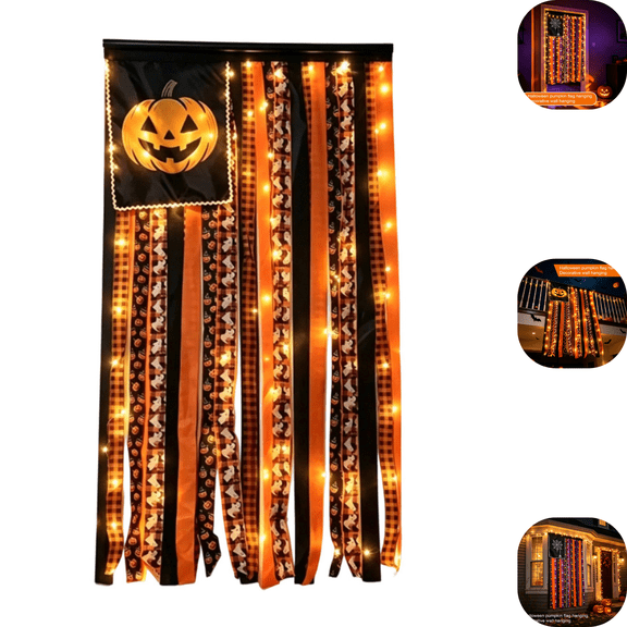Halloween Tassel Banner Ghost Wall Hanging, 4 Optional Jack O Lantern Spider Web Header Lighted & Light-Free Rag Flag for Front Door Decor B