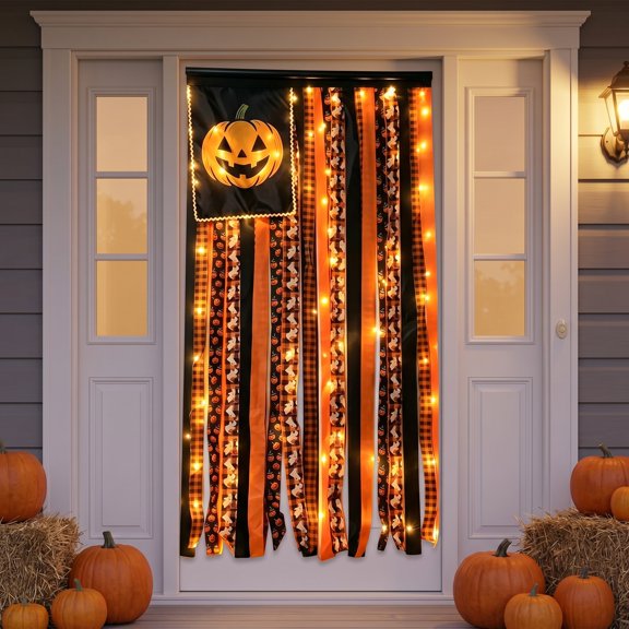 Halloween Tassel Banner Ghost Wall Hanging, 50x26.96 Inch Four Style Lighted Non-Lighted Polyester Wall Flag for Front Porch Decor B