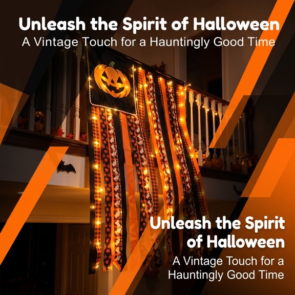 Halloween Tassel Banner Ghost Wall Hanging, Four Optional Jack O Lantern Spider Web Rag Flag Light Up No Light Version for Garden Entrance Decor B
