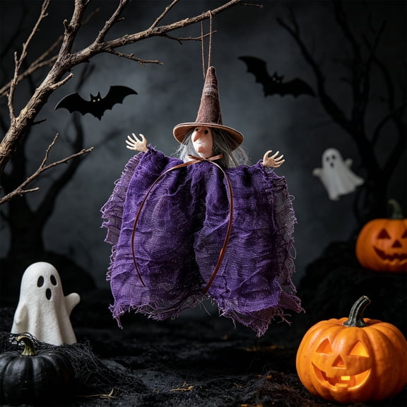Halloween Tattered Cloth Hanging Ornament, Witch Pumpkin Black Cat Design Pendant, Spooky Rustic Fabric Decor for Tree, Door, Mantel, Vintage Style Hanging Decoration for Home, Holiday Party