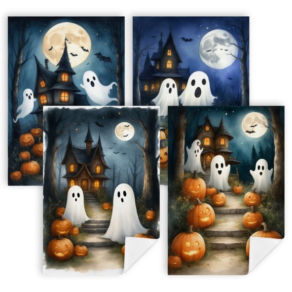 Halloween Tea Towel A painting of a haunted house surrounded by pumpkins and ghosts 4 Pcs Set Absorbent Microfiber Halloween House Decor