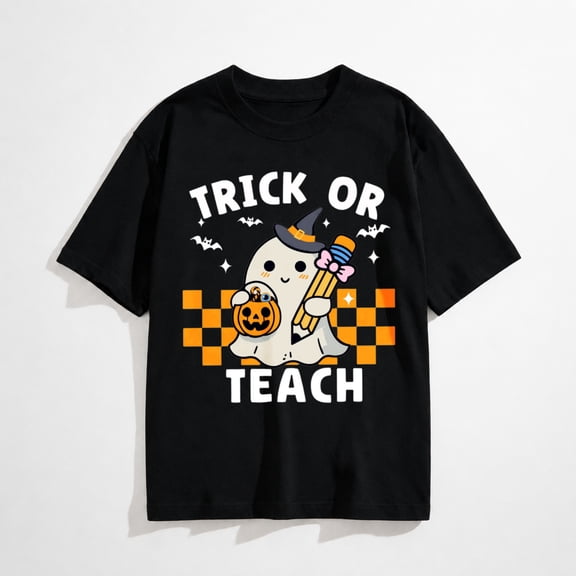Halloween Teacher Shirts for Women Trick Or Teach Shirts Ghost T Shirt Bookish Tee Funny Cute Short Sleeve Tops
