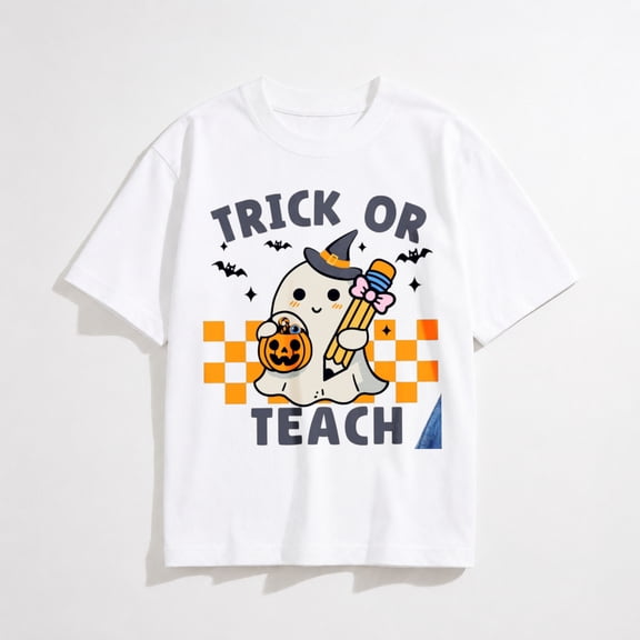 Halloween Teacher Shirts for Women Trick Or Teach Shirts Ghost T Shirt Bookish Tee Funny Cute Short Sleeve Tops