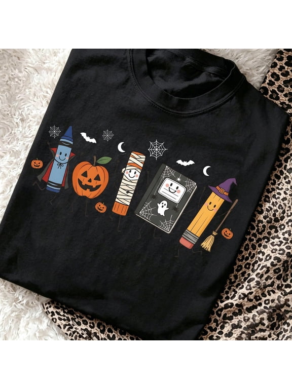 Halloween Back To School Teacher Graphic T-Shirt for Women, Cute Cartoon Pumpkin Crayon Notebook Witch Pencil Print Soft Cotton Casual Crewneck Tee