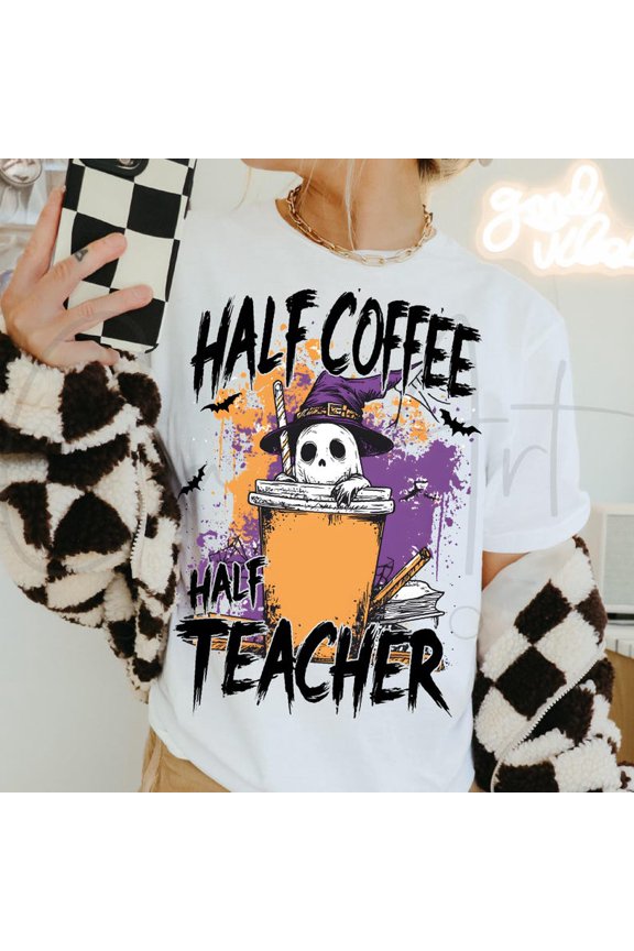 Halloween Teacher T-Shirt, Funny Half Teacher Half Coffee Ghost Tee, Spooky Caffeine Humor Shirt for Women, Fall Classroom Outfit