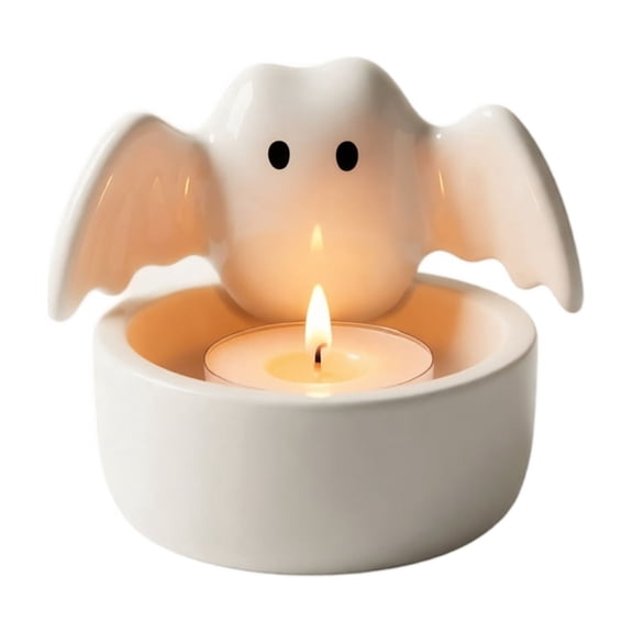 Halloween Tealight Candle Holder, Cute Ghost Bat Shaped Ceramic Desktop Ornament, 1 Pack Freestanding Decorative, for Halloween Home Party Mantel Shelf Spooky Atmosphere Creation