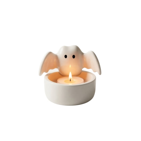 Halloween Tealight Candle Holder, Cute Ghost Bat Shaped Ceramic Desktop Ornament, 1 Pack Freestanding Decorative, for Halloween Home Party Mantel Shelf Spooky Atmosphere Creation