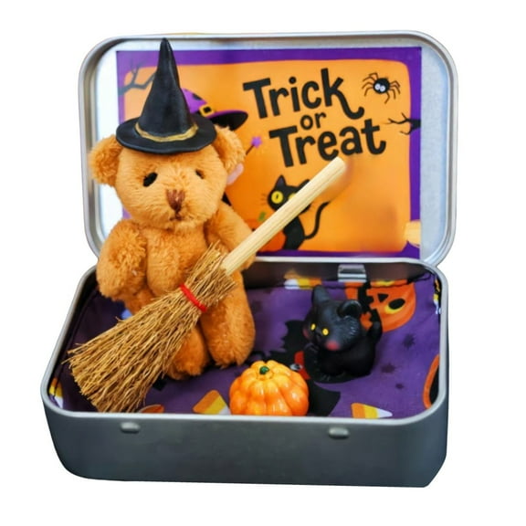 Halloween Teddy Bear in a Box for Trick or Treat, Handmade Witch Teddy Bear in Box, with Witch Wizard Blanket Broom Cape Pumpkin And Cat, Halloween Gift Table decoration(Orange)