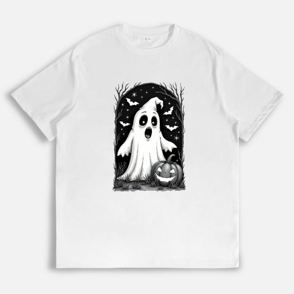 Halloween Tee Ghost Pumpkin Bat Design T Shirt Vintage Spooky Graphic Tees Soft Cotton Tops Fit White S-5XL