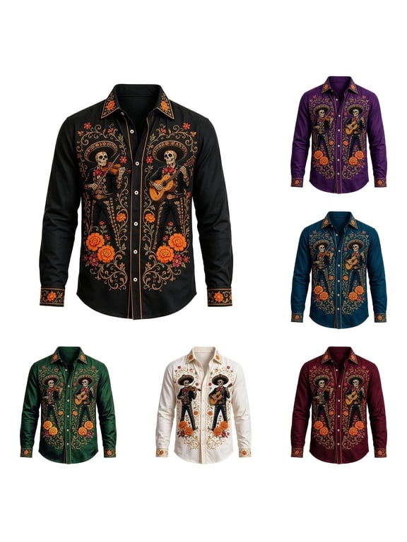 Halloween Tee Shirts Mens Day Of The Dead Shirt Long Sleeve Halloween Mexican Floral Button Down Casual Party Shirts for Guys