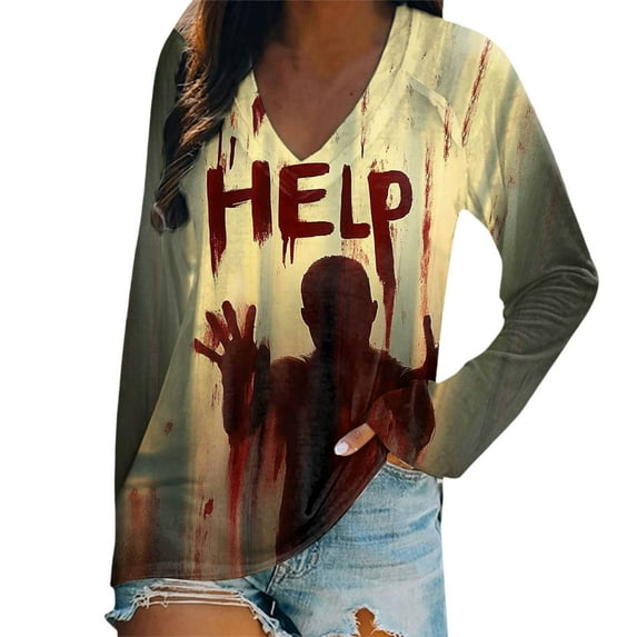 Halloween Tee for Women Long Sleeve V Neck Top Spooky Season Letter Help and Graphic Print Loose Fit Pullover Shirts