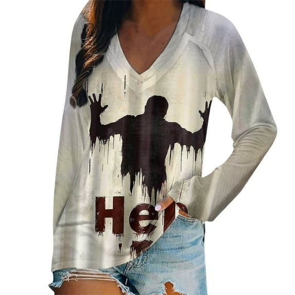 Halloween Tee for Women Long Sleeve V Neck Top Spooky Season Letter Help and Graphic Print Loose Fit Pullover Shirts