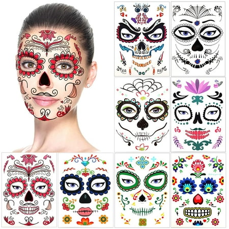 Halloween Temporary Face Tattoos for Women Men Adult Kids Boys, 8 Pack