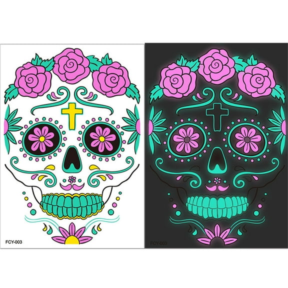 Halloween Temporary Glitter Red Roses Flowers Day of The Dead Sugar Skull Face Sticker for Woman Man Kid