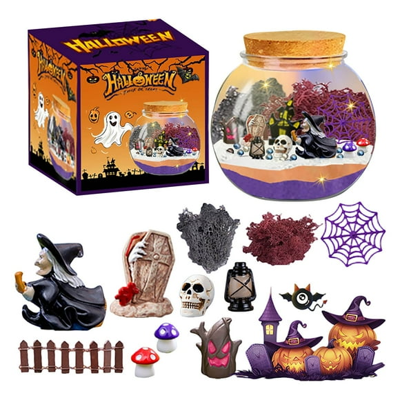 Halloween Terrarium Kit for Kids and Adults,DIY Miniature Witch Fairy Garden SetMoss,Figurines,Ornaments,and Accessories for Festive Tabletop or Home Decor,Gift for Halloween Parties