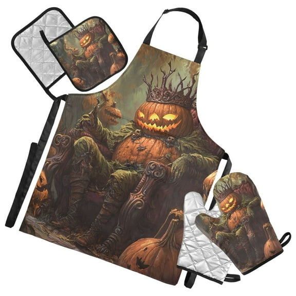 Halloween Terrifying Pumpkin King Oven Mitts and Pot Holders with Chef Apron Set 5 Pcs Kitchen Cooking Set