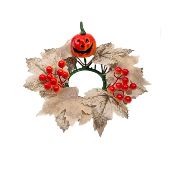 Halloween Thanksgiving Candle Ring Wreath,Artificial Maple Leaf Pumpkin Centerpiece for Table Front Door Wall Indoor Outdoor Fall Holiday Decoration