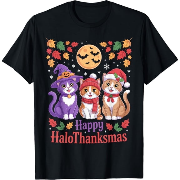 Halloween Thanksgiving Christmas Happy HalloThanksMas Cats T-Shirt