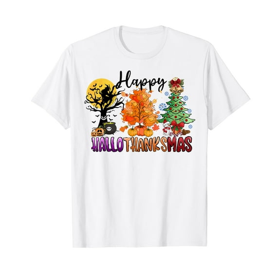 Halloween Thanksgiving Christmas tree Happy Hallothanksmas White T-Shirt