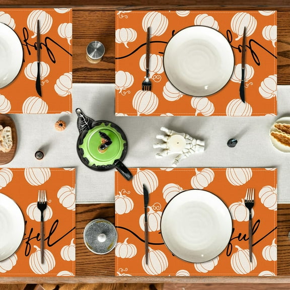 Halloween Thanksgiving Placemats Set of 4,Harvest Festival Table Decor,Orange Polyester Insulation Mats for Holiday Party Dining,17.7x11.8 Inch Seasonal Tableware