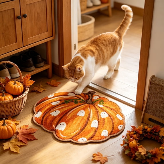 Halloween Thanksgiving Pumpkin Shaped Doormat 16x16 Inch, Non Slip Water Absorbent Crystal Velvet Floor Mat, Indoor Outdoor Fall Decor Door Mat, Washable Entryway Pet Sleeping Pad Farmhouse Porch Rug