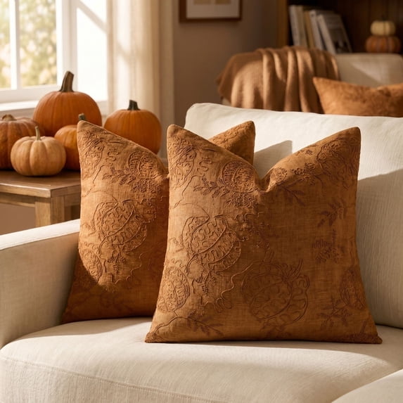 Halloween Thanksgiving Throw Pillow Covers 18x18 Inch, Embroidered Pumpkin Decorative Square Pillowcases, Farmhouse Holiday Cushion Covers for Sofa Living Room Home Fall Halloween Thanksgiving Decor
