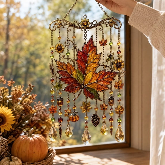 Halloween Thanksgiving Wind Chimes Sun Catchers Hanging Decorations, Sparkling Vivid Stained Glass Style Pumpkin Maple Leaf Pattern Decor for Window Garden Outdoor Fall Harvest Home Ideal Gift