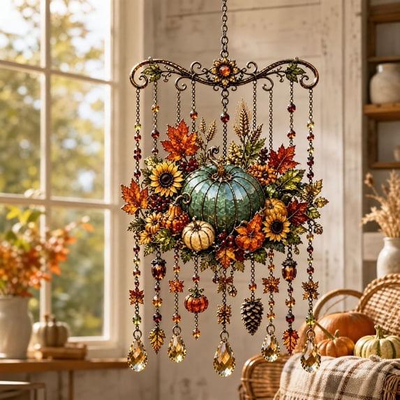 Halloween Thanksgiving Wind Chimes Sun Catchers Hanging Decorations, Sparkling Vivid Stained Glass Style Pumpkin Maple Leaf Pattern Decor for Window Garden Outdoor Fall Harvest Home Ideal Gift