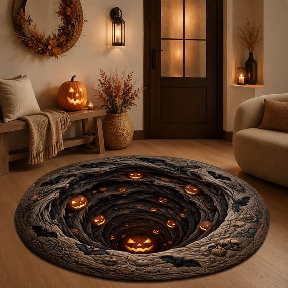 Halloween Theme 3D Visual Optical Floor Mat,Pumpkin&Bat Tree Hole Design Non- Washable Illusion Round Rugs,for Home,Party,Trick or Treat Entry Decor