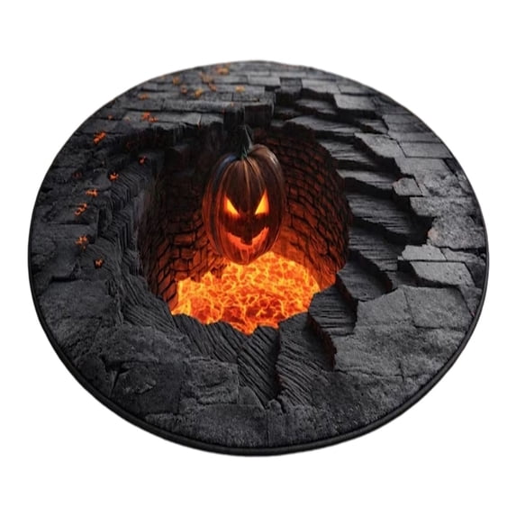 Halloween Theme 3D Visual Optical Floor Mat,Pumpkin&Lava Pit Hole Design Non- Washable Illusion Round Rugs,for Home,Party,Trick or Treat Entry Decor
