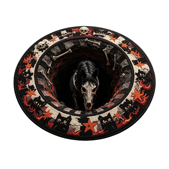 Halloween Theme 3D Visual Optical Floor Mat,Skeleton Bone Flame Print Non- Washable Illusion Round Rugs,for Home,Party,Trick or Treat Entry Decor