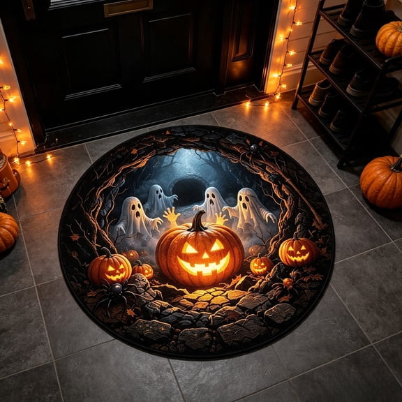 Halloween Theme 3D Visual Optical Floor Mat,TreeâHole Pumpkin Ghost Cave Art Design Non- Washable Illusion Round Rugs,for Home,Party,Trick or Treat Entry Decor