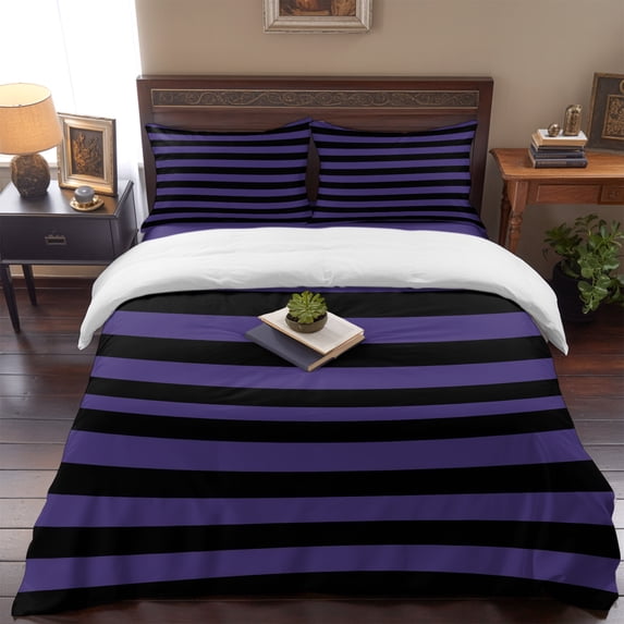Halloween Theme 4 Piece Bedding Set, Purple and Black Stripes Twin Size Duvet Cover Set with Zipper Closure & Corner Ties Soft Breathable Comforter Cover for Bedroom