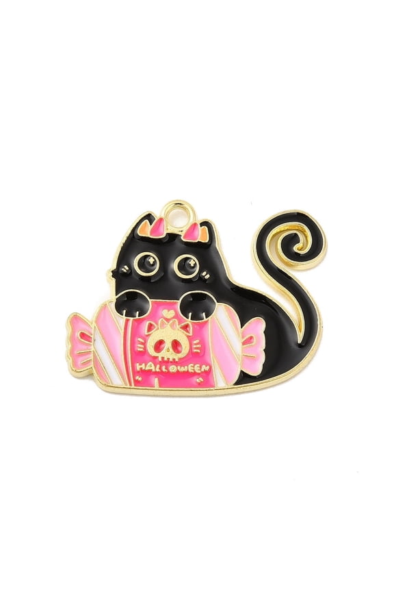 Theme Alloy Enamel Pendants Light Gold Cat Charm Candy Pattern 28x23x1.5mm Hole: 2mm
