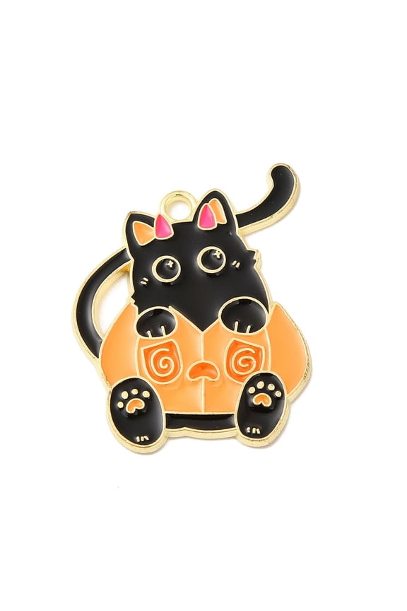 Theme Alloy Enamel Pendants Light Gold Cat Charm Pumpkin Pattern 28x24x1.5mm Hole: 2.2mm