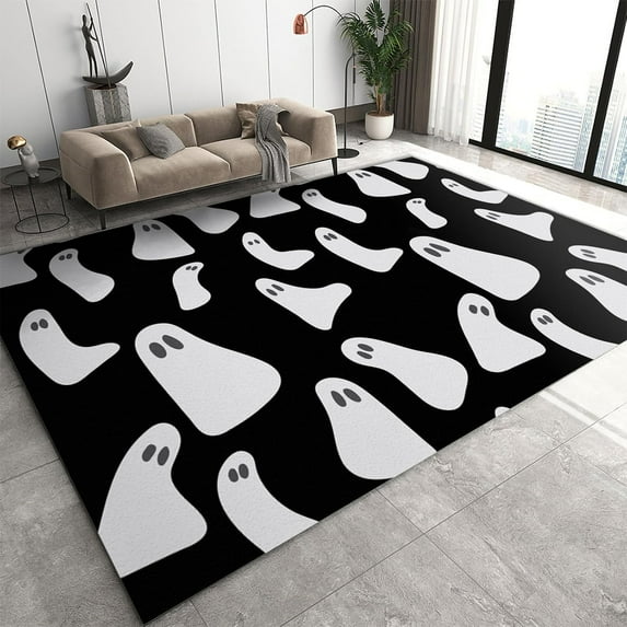 Halloween Theme Area Rug Cartoon Black White Ghost For Living Room Rugs, Indoor Non-Slip Rugs, Machine Washable Breathable Durable Carpet For Bedroom Front Entrance Floor Decor 3x5ft