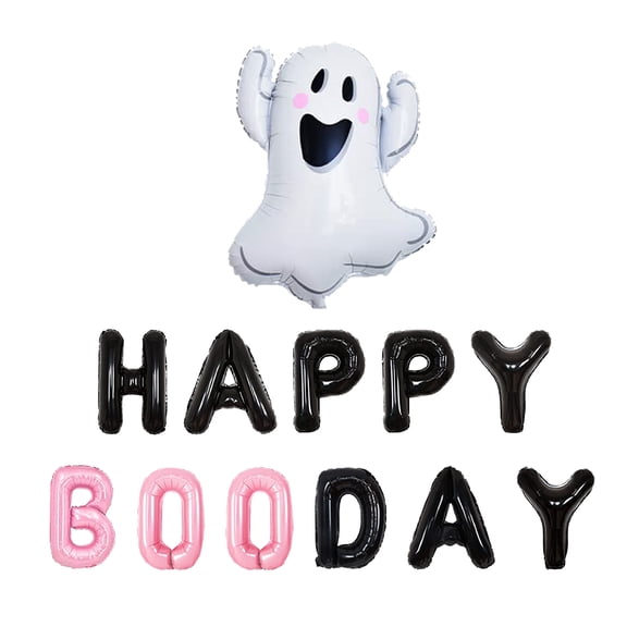 Halloween Theme Black Pink Silver Happy Boo Day Foil Banner with Ghost Pumpkin Balloon Set for Kids Halloween Boo Birthday Party Decoration Baby Shower Festival Supplies