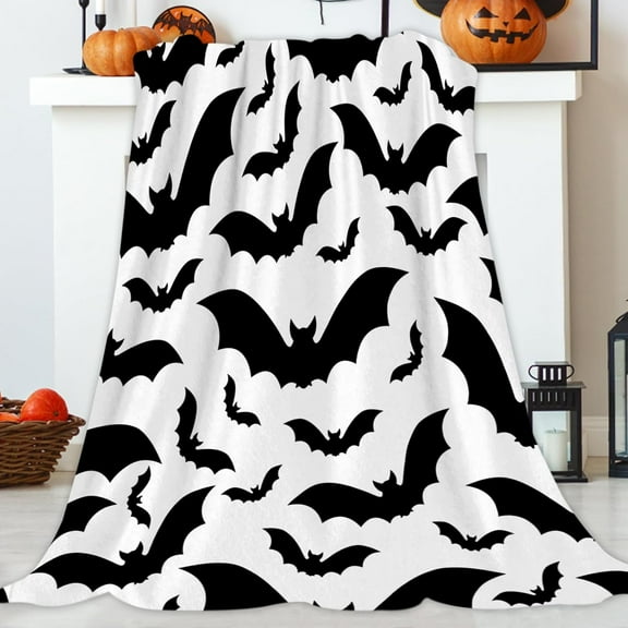 Halloween Theme Black and White Bat Blanket 40x50 Inch, Black Bat in White Spooky Festival Cozy and Soft Plush Warm Blankets for Bed Couch Living Room Sofa Chair