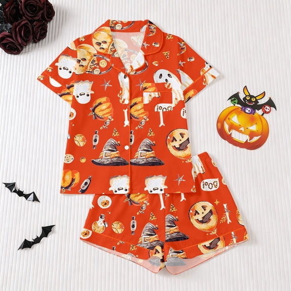 Halloween Theme Button Down Short Sleeve Pajama For With Lace Trim Short Pants Comfortable Home Wear