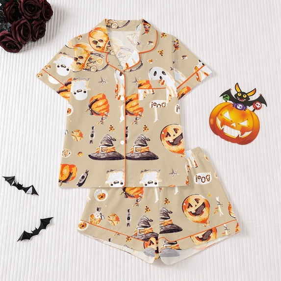 Halloween Theme Button Down Short Sleeve Pajama For With Lace Trim Short Pants Comfortable Home Wear