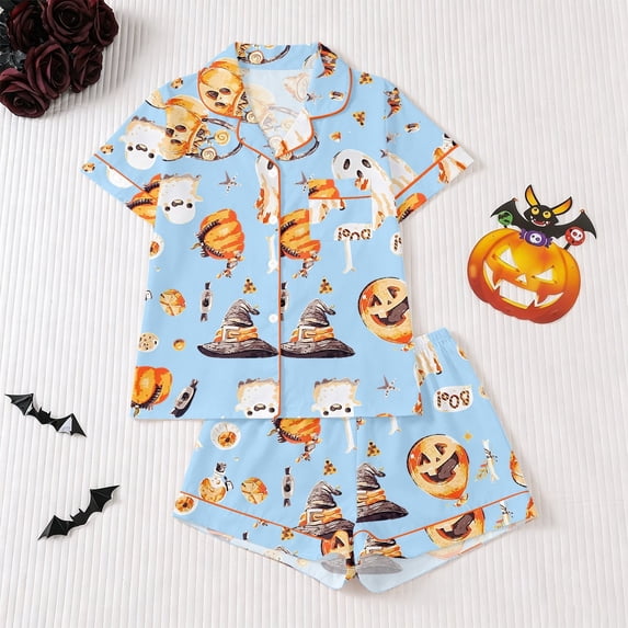 Halloween Theme Button Down Short Sleeve Pajama For With Lace Trim Short Pants Comfortable Home Wear