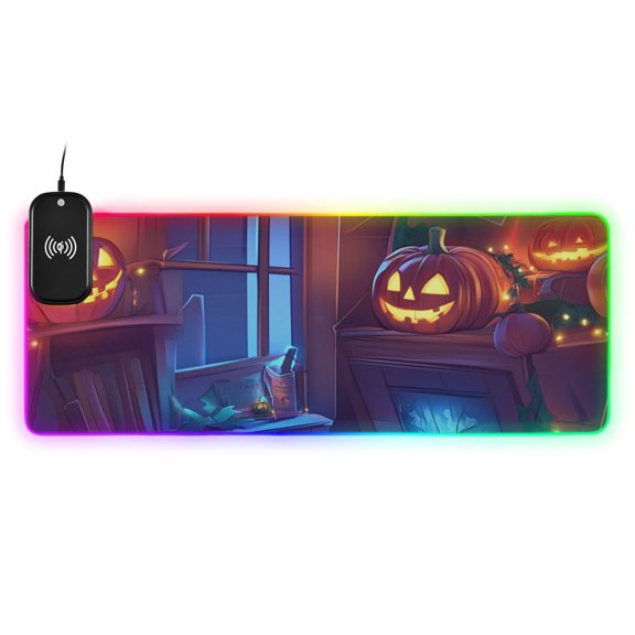 Halloween Theme Cartoon Wireless Charging RGB Gaming Mouse Pad Large Keyboard Mat Rubber Base 13 Light Modes