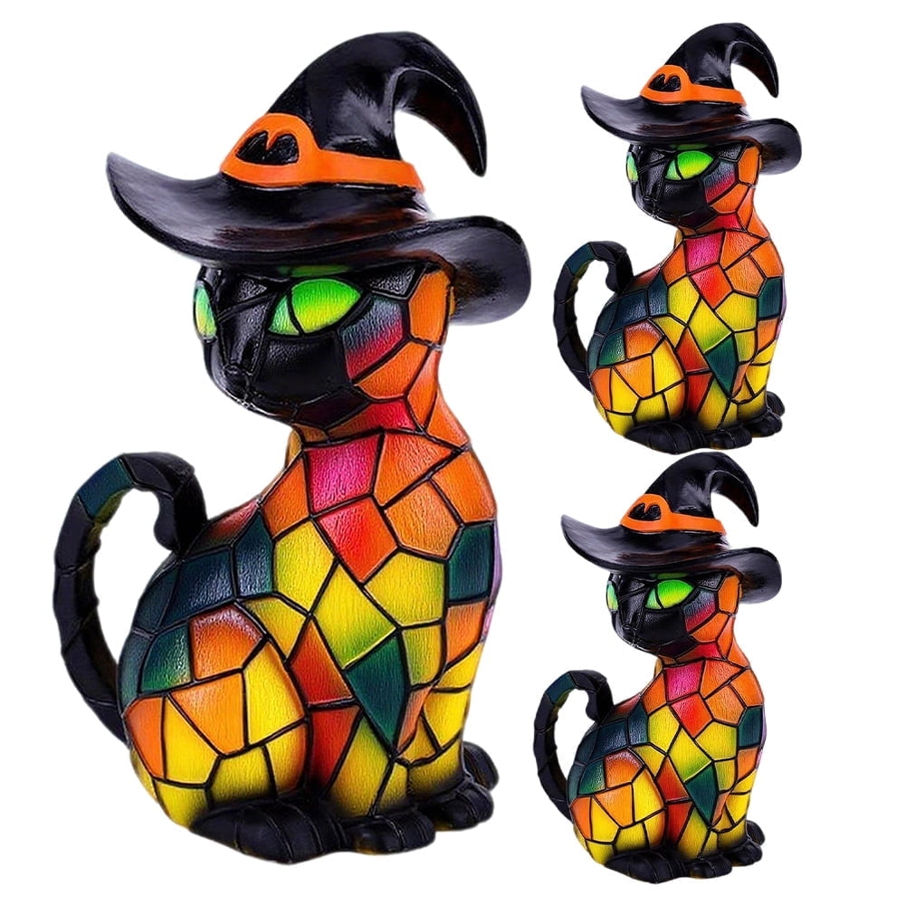 Halloween Theme Cat Lantern - Stained Resin Pumpkin Cat Night Light, 3D Cat Wear Witch Hat Bedside Lamp