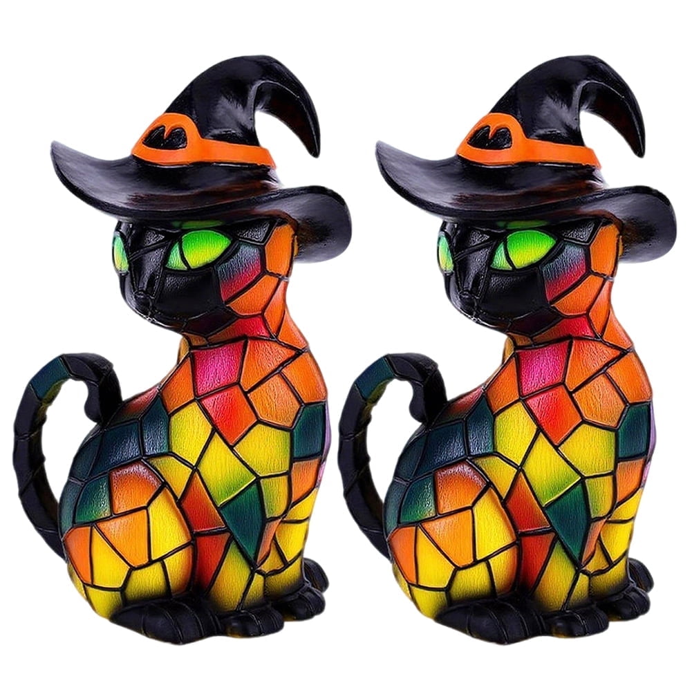 Halloween Theme Cat Lantern - Stained Resin Pumpkin Cat Night Light, 3D Cat Wear Witch Hat Bedside Lamp