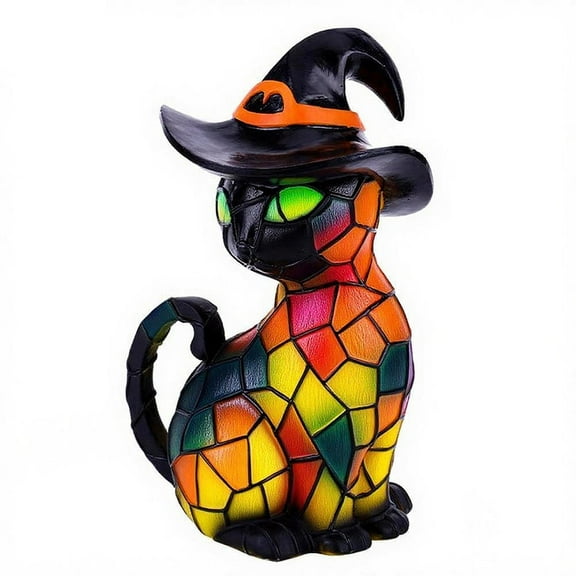 Halloween Theme Cat Lantern - Stained Resin Pumpkin Cat Night Light, 3D Cat Wear Witch Hat Bedside Lamp