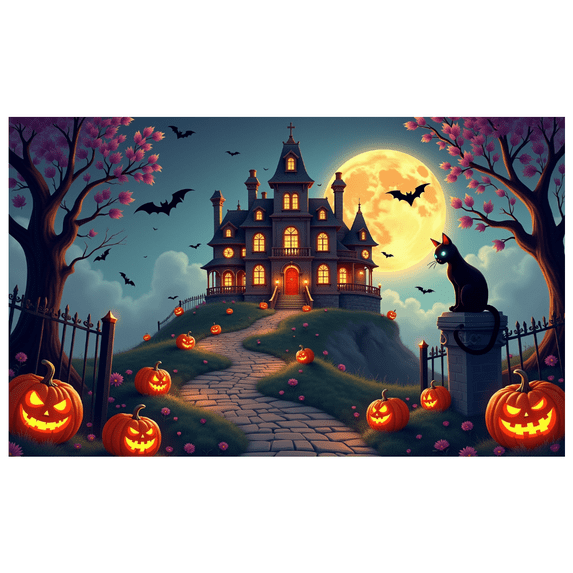 Halloween Theme Haunted House Design Spooky Black Cat Jack O Lantern Banner for Halloween Party Decoration Outdoor Indoor